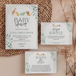 Watercolor Eucalyptus Animals Baby Shower Invitation Bundle, Diaper Raffle Invitation and Books for Baby EDITABLE, Digital Instant Download