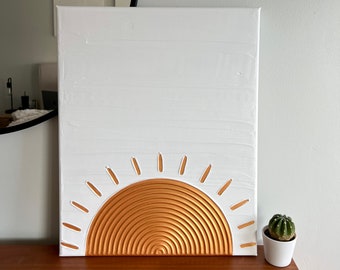 Textured Minimalist Wall Art, Plaster Canvas Painting with Golden Sun, Modern 3D Decor