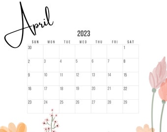 Printable white and floral single page April 2023 calendar
