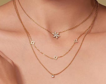 18k Gold Kleeblatt-Halskette • Edelstahl, geschichtete Halskette mit Blumenanhänger