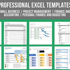 May include: A collage of eight different Excel spreadsheet templates. The templates are for small business, project management, finance and accounting, and personal finance and budgeting. The text "35+ PROFESSIONAL EXCEL TEMPLATES" is at the top of the image.