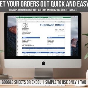 May include: A computer screen displaying a purchase order template in a spreadsheet program. The template is designed for use with Google Sheets or Excel and includes fields for vendor information, shipping details, item descriptions, quantities, unit prices, and totals. The template is simple to use and only requires one tab.
