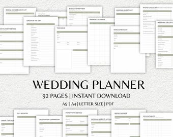Modello stampabile per wedding planner / Budget Tracker, lista degli invitati, lista delle cose da fare e organizzatore della giornata (download digitale) - Colore verde