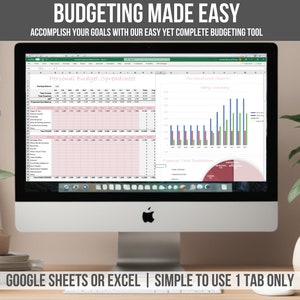 Peut inclure: Un écran d'ordinateur affichant une feuille de calcul intitulée "Personal Budget Spreadsheet" et un graphique intitulé "Personalized Charts". La feuille de calcul est rose et le graphique est bleu. Le texte "BUDGETING MADE EASY" est en haut de l'écran. Le texte "GOOGLE SHEETS OR EXCEL | SIMPLE TO USE 1 TAB ONLY" est en bas de l'écran.