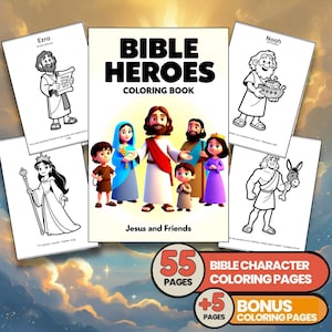 May include: A Bible Heroes coloring book with the text "BIBLE HEROES COLORING BOOK" and "Jesus and Friends". The cover features illustrations of Jesus and other characters. Includes 55 Bible character coloring pages and 5 bonus pages.