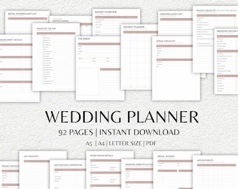 Modello stampabile per wedding planner / Budget Tracker, lista degli invitati, lista delle cose da fare e organizzatore della giornata (download digitale) - Colore rosa