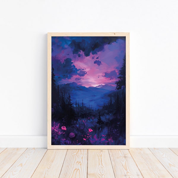 Night in the Woods, Purple Color Wall Art, Moody Oil Painting Print, Dark Home Decor, Witchy Aesthetic, Wall Decor, Digital Download, Y007