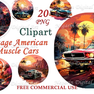 American Muscle Cars Clipart – Vintage Retro Car PNG, Classic Auto Art