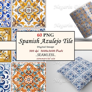 May include: A set of 60 digital images of Spanish Azulejo tiles. The tiles feature intricate blue, yellow, and white patterns. The images are 3600x3600 pixels and 300 dpi. They are seamless and for commercial use.