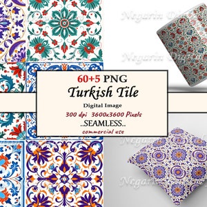Op de afbeelding: Een digitale download van meer dan 65 naadloze Turkse tegelpatronen in PNG-formaat. De tegels hebben ingewikkelde bloemmotieven in tinten blauw, rood, groen en wit. De tegels zijn 3600x3600 pixels en 300 dpi.