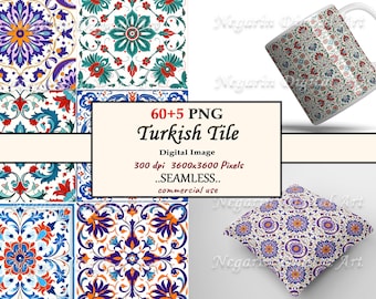 May include: A digital download of 65+ seamless Turkish tile patterns in PNG format. The tiles feature intricate floral designs in shades of blue, red, green, and white. The tiles are 3600x3600 pixels and 300 dpi.