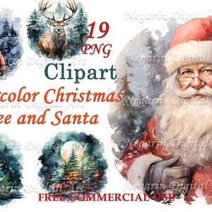 Clipart di albero di Natale e Babbo Natale - Set di PNG per le vacanze con acquerello