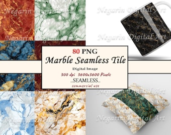 May include: A set of 80 seamless digital marble tile patterns in various colours, including red, green, blue, white, and gold. The tiles are 3600x3600 pixels and 300 dpi. The text "80 PNG Marble Seamless Tile" is displayed in the centre of the image.