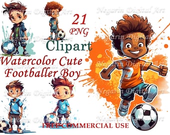 水彩画のサッカー少年のクリップアート - 21 PNG、スポーツアート（デジタルダウンロード）