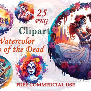 Watercolor Day of the Dead Clipart – Dia de los Muertos PNG, Sugar Skull Art Download