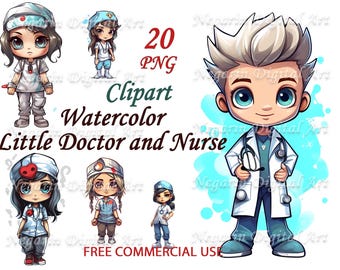 Clipart de médico y enfermera en acuarela: Imágenes PNG para niños médicos (descarga digital)