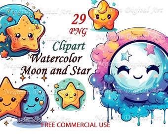 Stjärna och måne Clipart – Söta akvarell-PNG:er för barnrumsdekor, babyshowerinbjudningar och barnpyssel