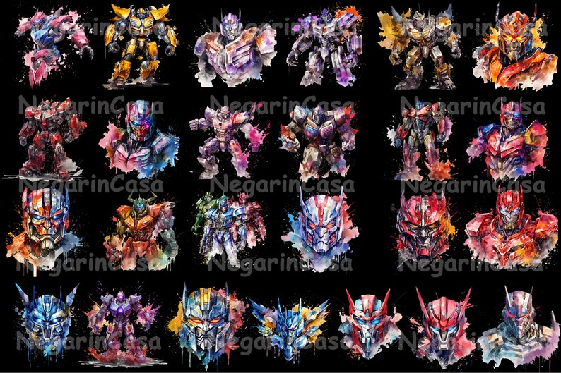 Transformers Color Graphics Watercolor Transformers Clipart: 25 PNG Character Graphics (digital ...