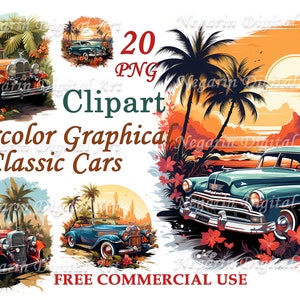 Classic Cars Clipart – Watercolor PNG for Retro Garage & Auto Decor