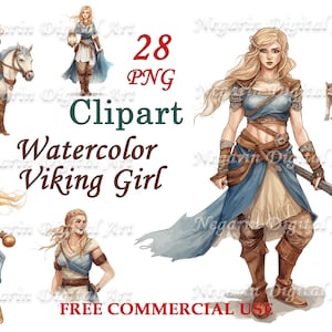 Bold Viking Warrior Girl Watercolor Clipart – Female Fighter PNG Bundle, Digital Download