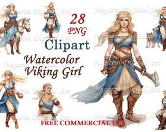 Bold Viking Warrior Girl Watercolor Clipart – Female Fighter PNG Bundle, Digital Download