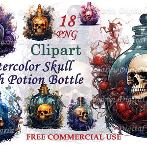 Totenkopf Trank Flasche Clipart - Aquarell Gothic Tod Elixier PNG
