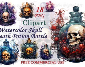 Skull Potion Bottle Clipart – Watercolor Gothic Death Elixir PNG