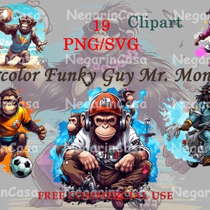 May include: A digital illustration of four monkeys in different poses. One monkey is playing soccer, another is riding a motorcycle, another is skateboarding, and the last one is sitting with headphones on. The illustration is in a watercolor style with a blue, orange, and green color scheme.