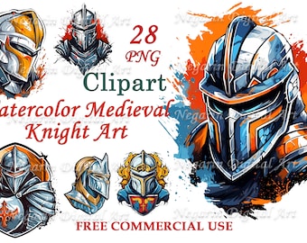 May include: A set of 28 watercolor illustrations of medieval knights in various poses and armor. The knights are depicted in a vibrant style with splashes of color and a grunge effect. The illustrations are perfect for use in digital and print projects.