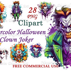 Scary Halloween Clown Clipart – Watercolor Joker PNG, Creepy Circus Digital Art