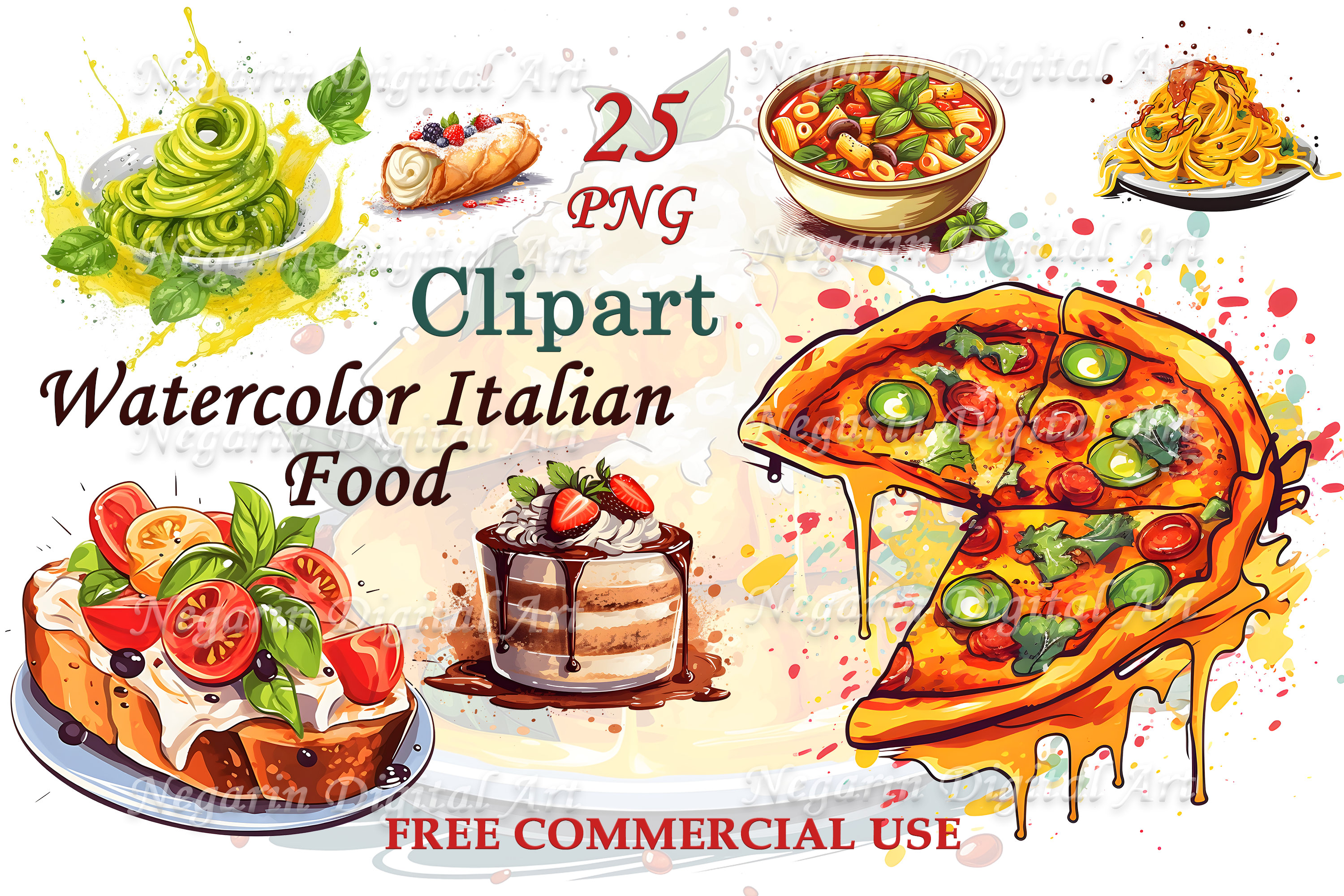 Italian Food Clipart – Watercolor PNG for Menu \u0026 Kitchen Art - Etsy Israel, image size:3000x2000