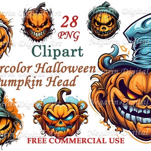 Pumpkin Head Clipart – Watercolor Halloween Scary PNG Set
