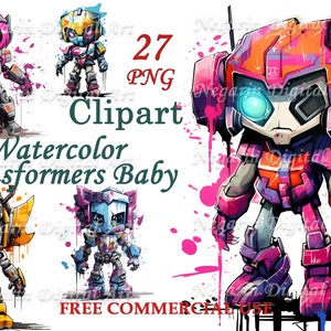 Clipart z akwarelowymi Transformersami dla dzieci, pobieranie cyfrowe, sztuka ścienna do pokoju dziecięcego, nadruk neutralny pod względem płci, prezent na baby shower, sztuka cyfrowa Negarin