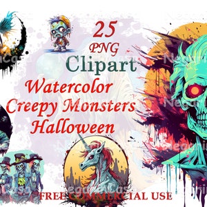 Halloween Monster Clipart - Gruselige Aquarell Kreaturen PNG Set