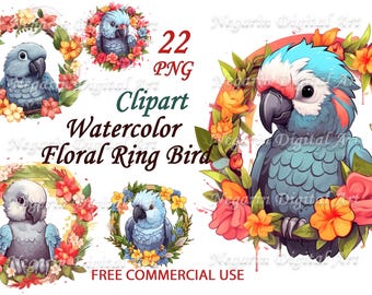 Watercolor Floral Bird Clipart Set: Spring PNG Graphics (Digital Download)