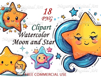 Stjärna och måne Clipart – Söta akvarell-PNG:er för barnrumsdekor, babyshowerinbjudningar och barnpyssel