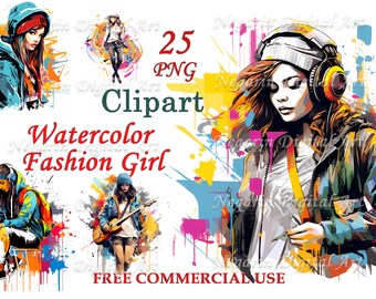 Clipart de Garota Fashion em Aquarela – Mulher Estilosa em PNG, Downloads de Arte Digital de Moda