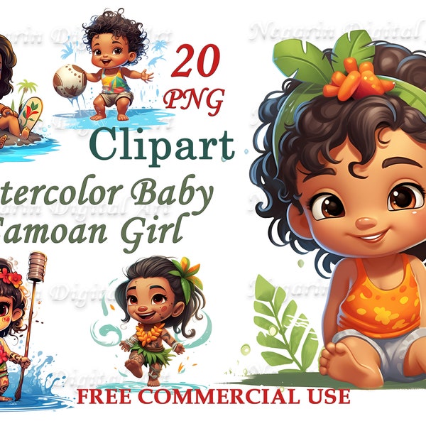 Watercolor Baby Samoan Girl Clipart, Digital Download, Cute Digital Art, Nursery Decor, Instant Download, Negarin Digital Art