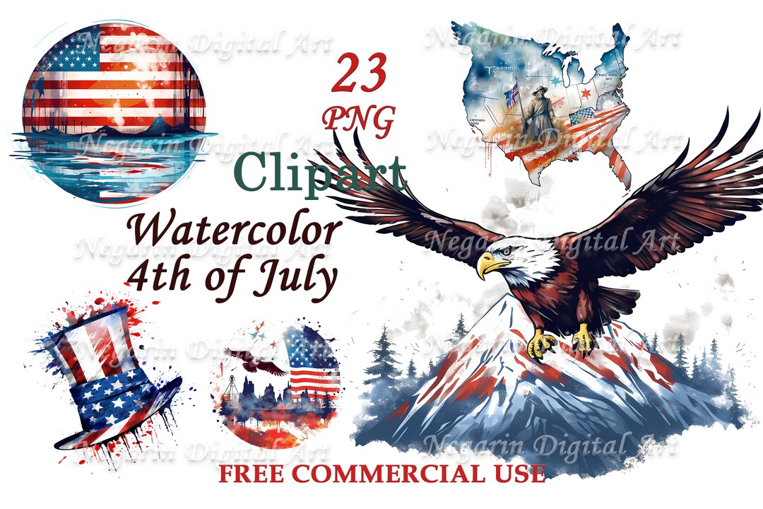 4th of July Clipart – Watercolor Patriotic Fireworks & USA PNG Set - Etsy
