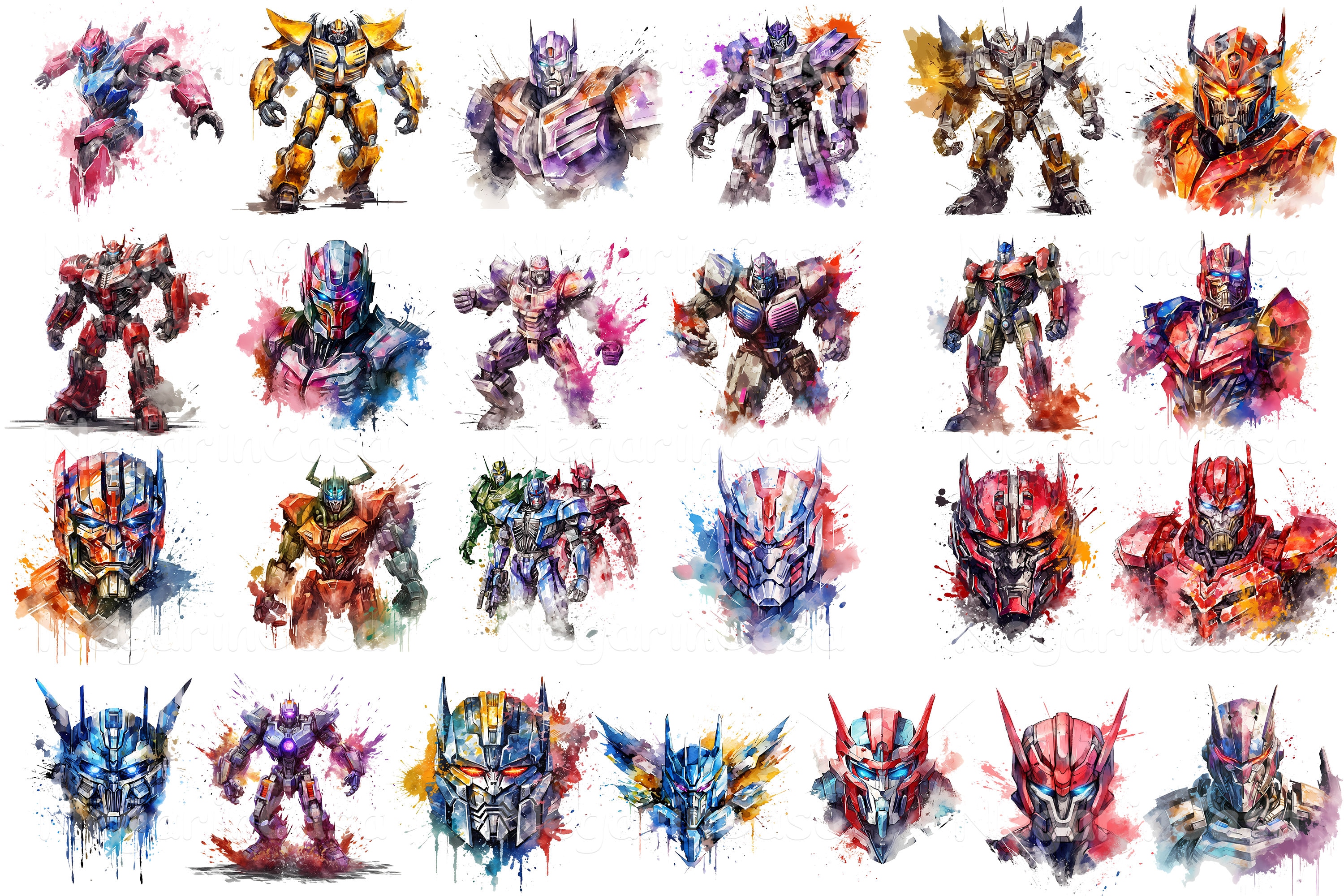 Transformers Graphics Watercolor Transformers Clipart: 25 PNG Character Graphics (digital ...