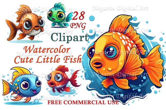 Watercolor Cute Little Fish Clipart, Digital Download, Underwater  Illustrations, Ocean Art, Printable Decor, Negarindigitalart 