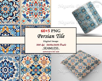May include: A digital image showcasing Persian tile designs in shades of blue, orange, and white. The image includes a mug and a pillow with the tile pattern, along with a collection of tile samples and text that reads "Persian Tile".
