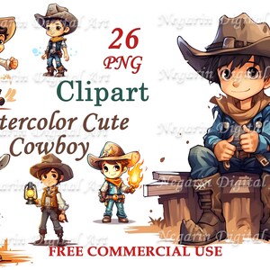 Cute Cowboy Clipart – Watercolor Western Boy PNG, Kids Party Art