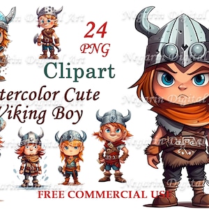 Clipart fofo de menino viking – Guerreiro escandinavo em aquarela PNG
