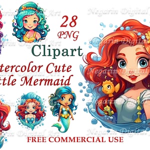 Little Mermaid Clipart – Watercolor Cute Ocean Girl PNG, Undersea Art