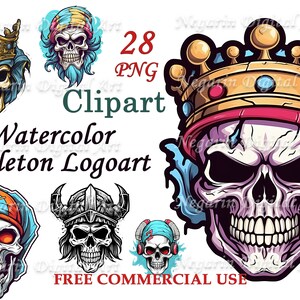 Skeleton Logo Clipart – Watercolor Skull PNG, Gothic Tattoo Art Design