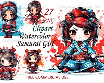Samurai Girl Clipart – Cute Warrior Girl PNGs for Kids Cards, Stickers & Fantasy Crafts