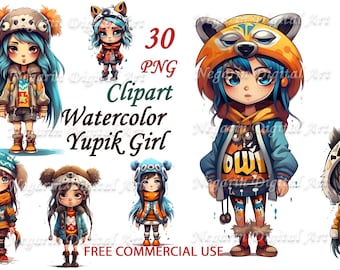 Watercolor Yupik Girl Clipart – Indigenous Kids PNGs (Digital Download)