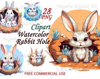 Clipart de madriguera de conejo: adorables PNG de acuarela para tarjetas infantiles, decoración infantil y manualidades de cuentos.