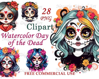 Day of the Dead Clipart – Watercolor Sugar Skulls PNG, Halloween Art